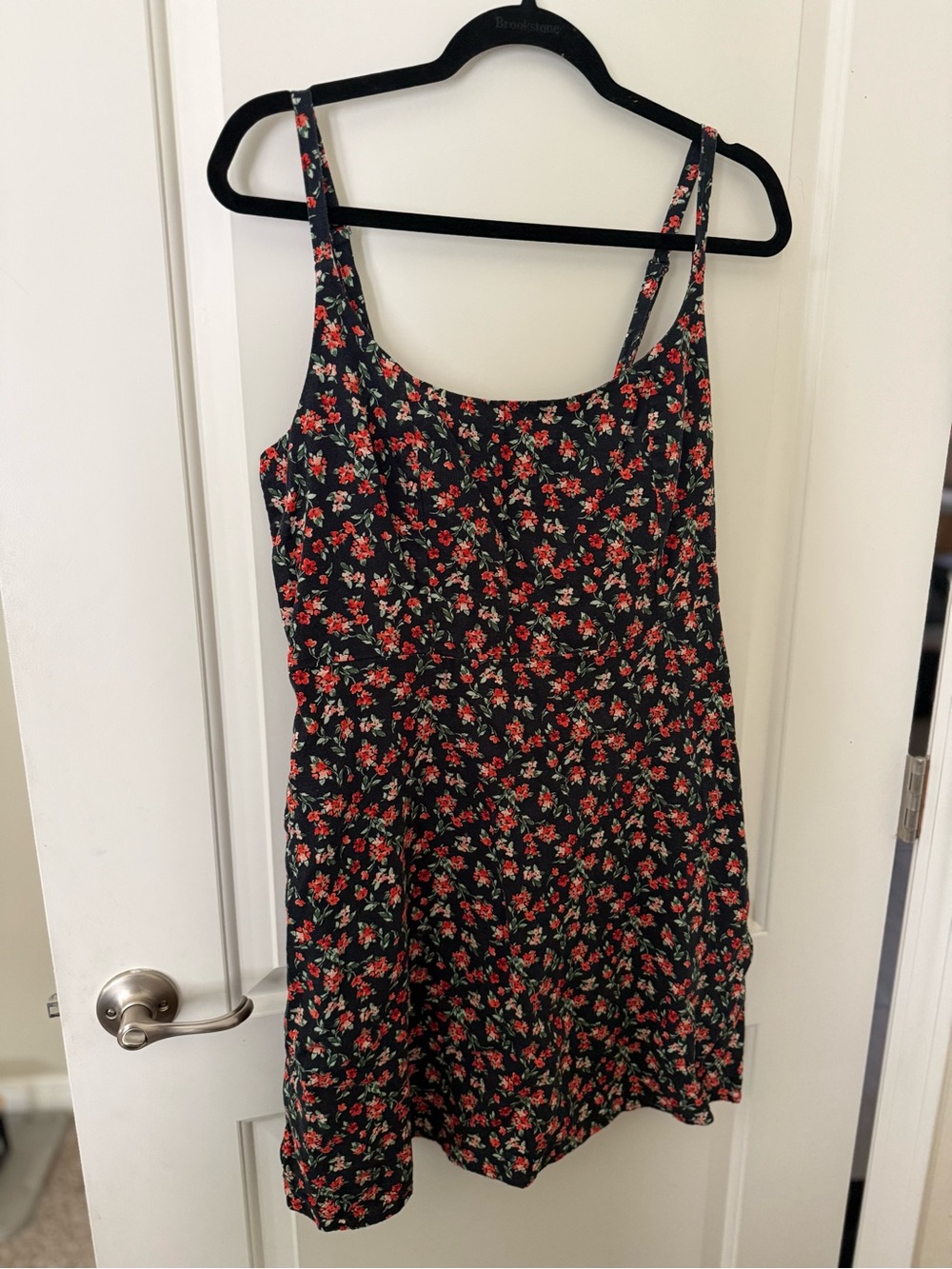 Floral Spaghetti Strap Dress - Navy with Red Floral
